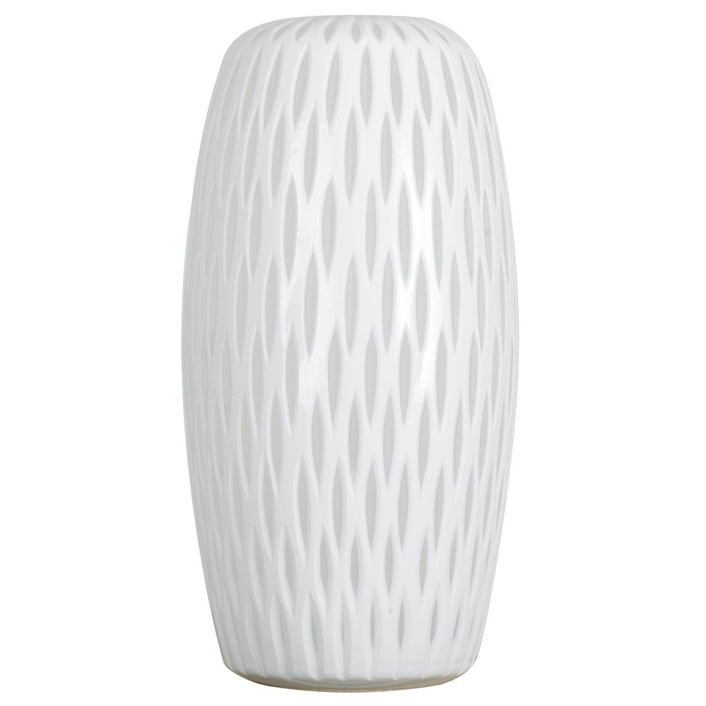 Vickerman 13" White Frosted Glass Vase. This lightly frosted vase is accented with a white diamond pattern. Pair this vase with your favorite faux floral for the perfect finishing touch. Each vase is slightly unique because each piece is hand blown. This