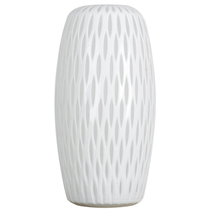 Vickerman 13" White Frosted Glass Vase. This lightly frosted vase is accented with a white diamond pattern. Pair this vase with your favorite faux floral for the perfect finishing touch. Each vase is slightly unique because each piece is hand blown. This