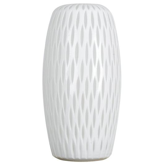 Vickerman 13" White Frosted Glass Vase. This lightly frosted vase is accented with a white diamond pattern. Pair this vase with your favorite faux floral for the perfect finishing touch. Each vase is slightly unique because each piece is hand blown. This