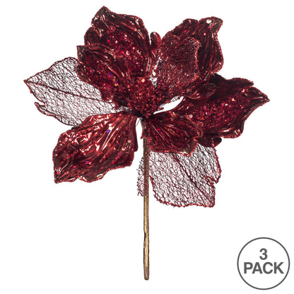Vickerman 14" Burgundy Pearl Glitter Magnolia Artificial Christmas Stem 3 per Bag