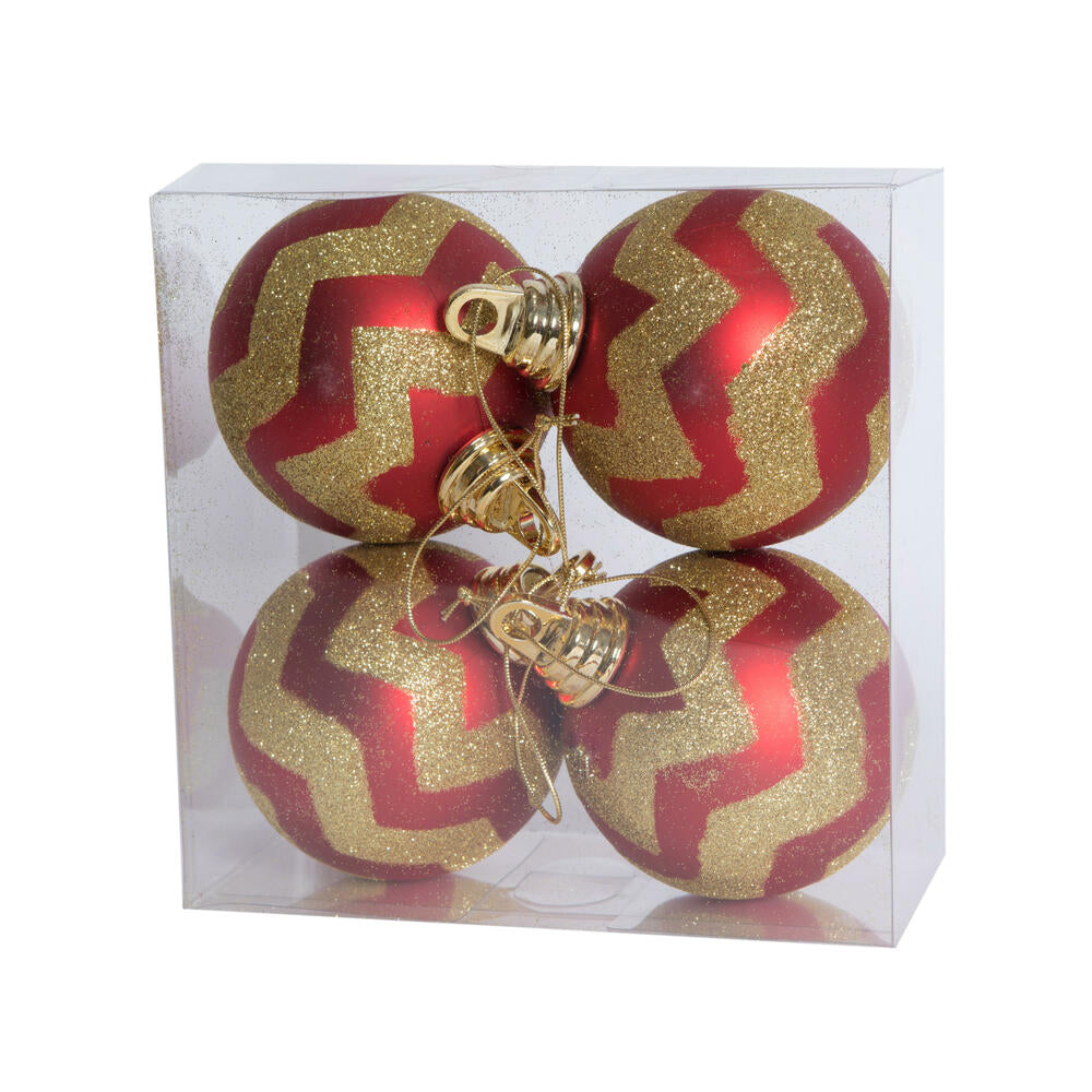 Vickerman 4" Red and Gold Matte Chevron Ball Christmas Ornament with Glitter Accents 4 per Box