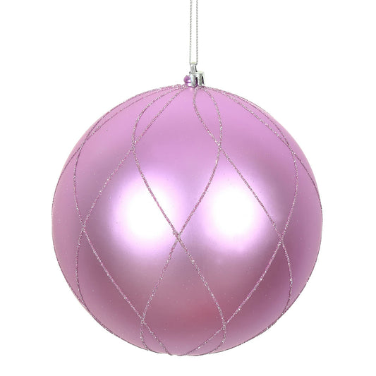 Vickerman 4" Orchid Matte and Glitter Swirl Ball Ornament with drilled and wired caps. Comes 4/box.