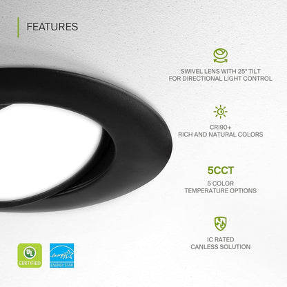 ASD Lighting LED Round Recessed Mini Panel Gimbal Airtight 6" 15W 120V Dimmable CCT Selectable 2700/3000/3500/4000/5000K Black UL 6pack
