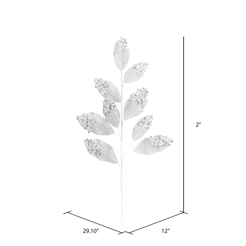 Vickerman 29" White Glitter Leaf Artificial Christmas Spray. Includes 6 sprays per pack.