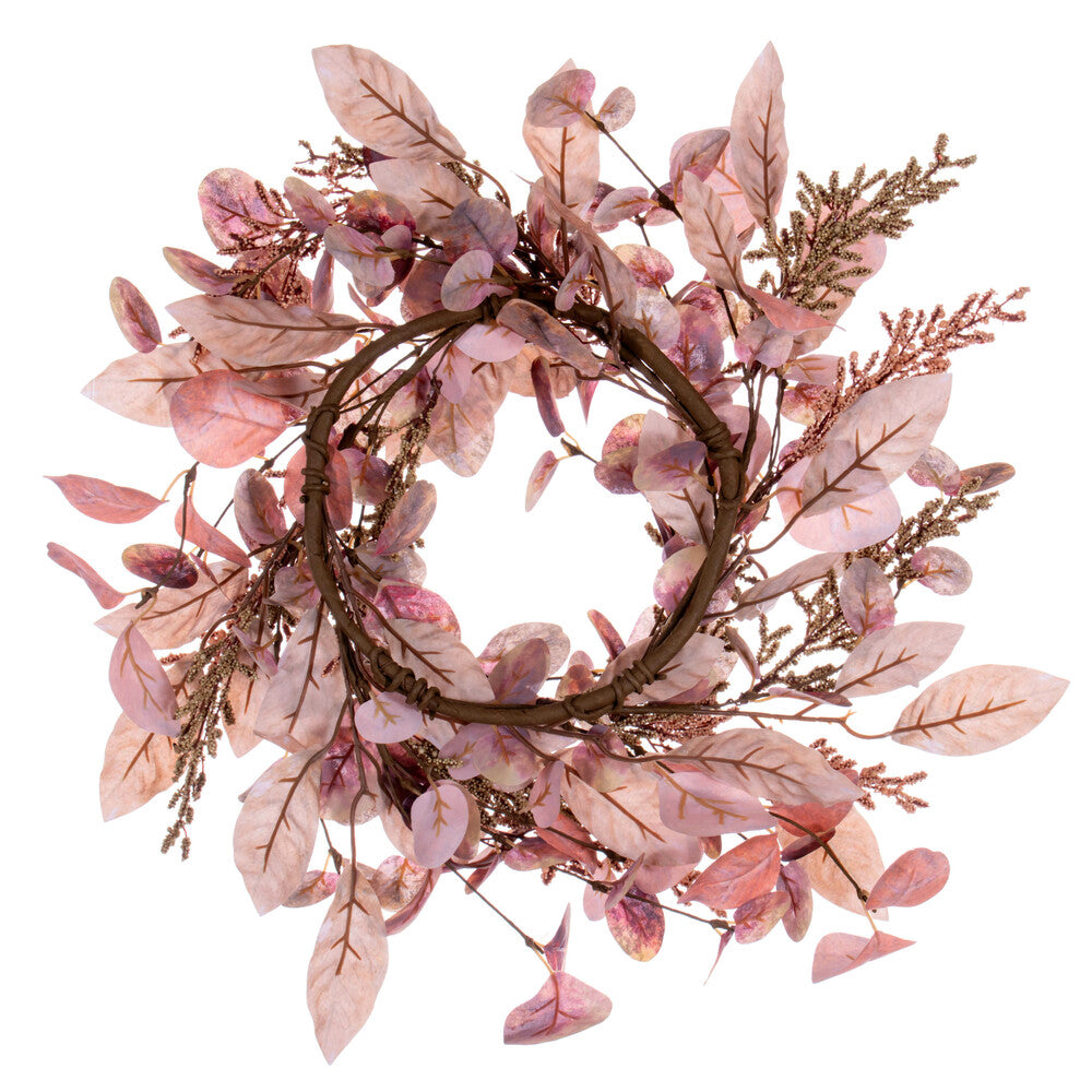 Vickerman 16" Dusty Rose Artificial Fall Eucalyptus and Berry Wreath Candle Ring