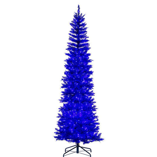Vickerman 7.5' x 32" Blue Pencil Artificial Pre-Lit Christmas Tree with 450 Dura-Lit® Warm White LED Mini Lights. It measures 90 inches tall, and 28 inches wide, which is considered a pencil profile. This tree boasts 965 tips for a realistic look. Pre-lit