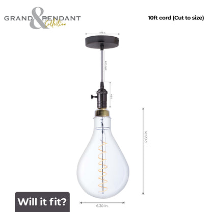 Bulbrite LED Grand Bulb and Pendant Kit of (1) 4 Watt Clear Glass 13" Pear Shaped Bulb and (1) Gunmetal Black Open Socket Pendant on Silver Fabric Braided Cord - 2200K (Amber Light)