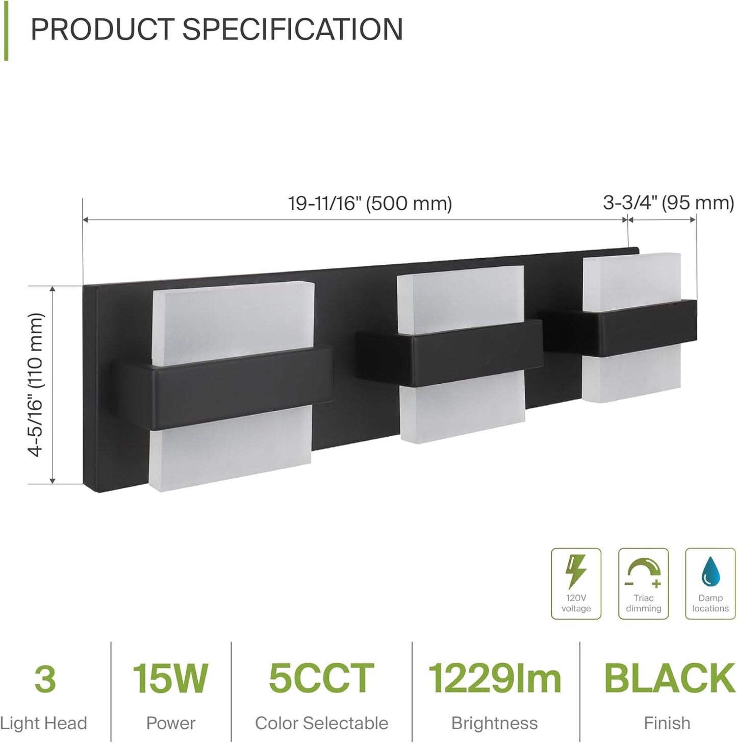 ASD Lighting LED Vanity 3-light 15W 120V CCT Selectable 2700/3000/4000/5000/6000K Dimmable Black ETL