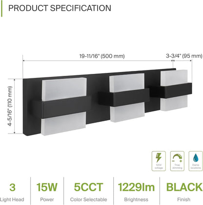ASD Lighting LED Vanity 3-light 15W 120V CCT Selectable 2700/3000/4000/5000/6000K Dimmable Black ETL