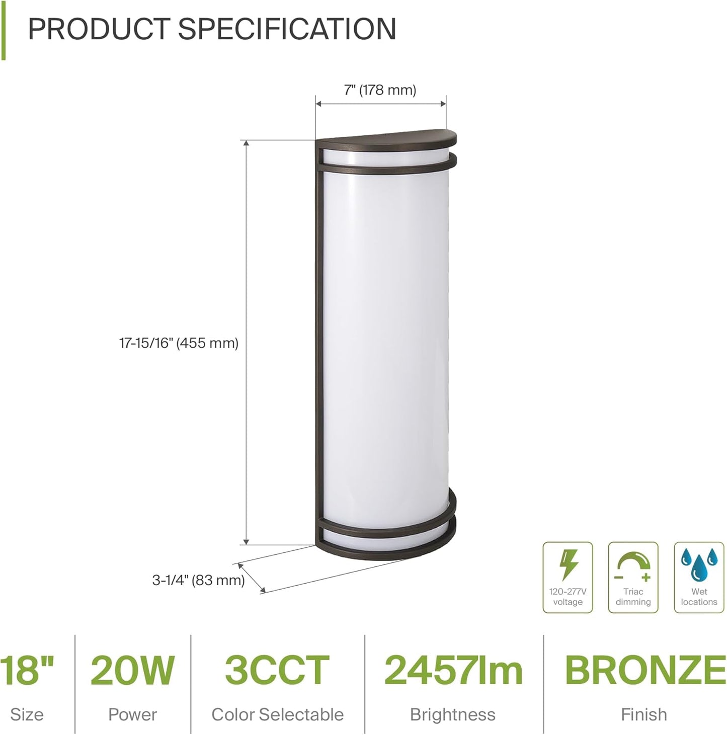 ASD Lighting LED Outdoor Wall Sconce 18" 20W 120-277V CCT Selectable 3000/4000/5000K Dimmable Oil Rubbed Bronze ETL