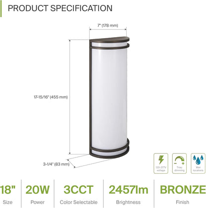 ASD Lighting LED Outdoor Wall Sconce 18" 20W 120-277V CCT Selectable 3000/4000/5000K Dimmable Oil Rubbed Bronze ETL