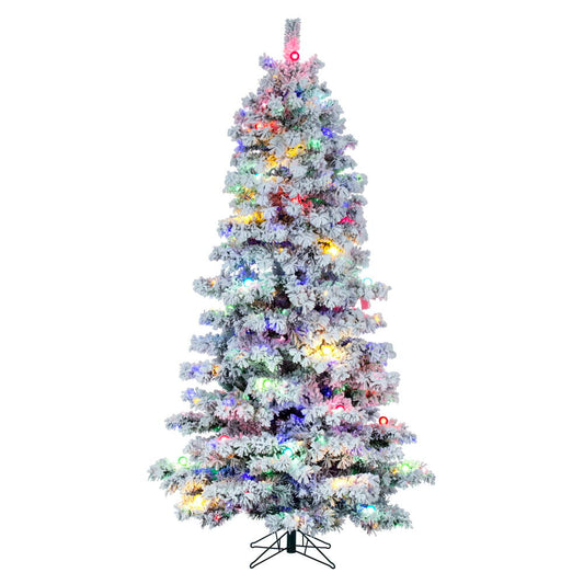 Vickerman 7.5' x 48" Flocked Slim Alaskan Artificial Pre-Lit Christmas Tree with 42 Multi-Colored G40 and 600 Multi-Colored LED Mini Lights, 1088 Flocked Realistic PVC Tips, 6' Step On/Off Power Cord and Folding Metal Tree Stand. Assembly is required.