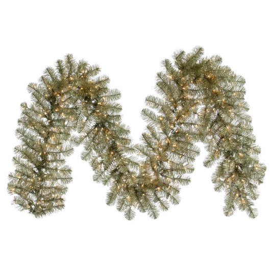 Vickerman 9' x 18" Champagne Artificial Christmas Garland Warm White LED 3MM 8 Function Lights.