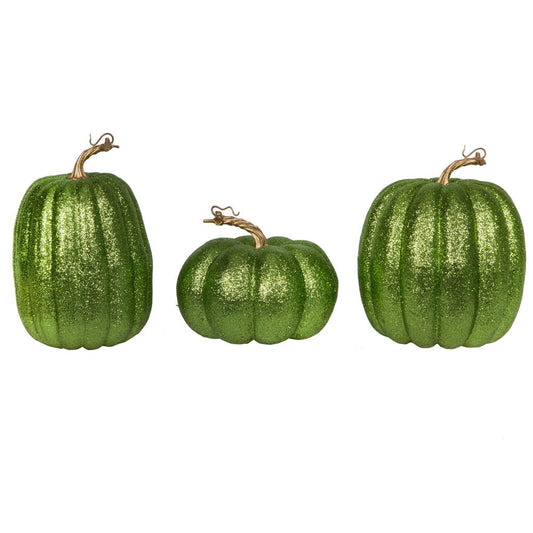 Vickerman 8" Lime Pumpkins Set of 3. Three pieces assorted Fabric pumpkin with polystyrene inner.