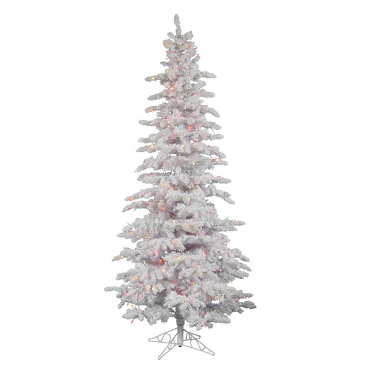 Vickerman 12' Flocked White Slim Artificial Christmas Tree Multi-Colored LED Lights