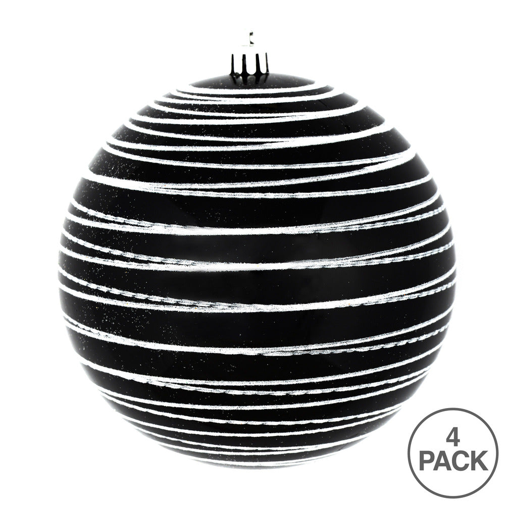 Vickerman 4" Black Candy Finish Ball Ornament with Glitter Lines 4 per Bag