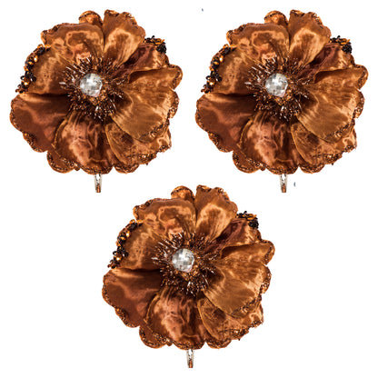 Vickerman 5" Artificial Copper Polyester Wild Poppy Head with Sequin Glitter and Clip pack of 3