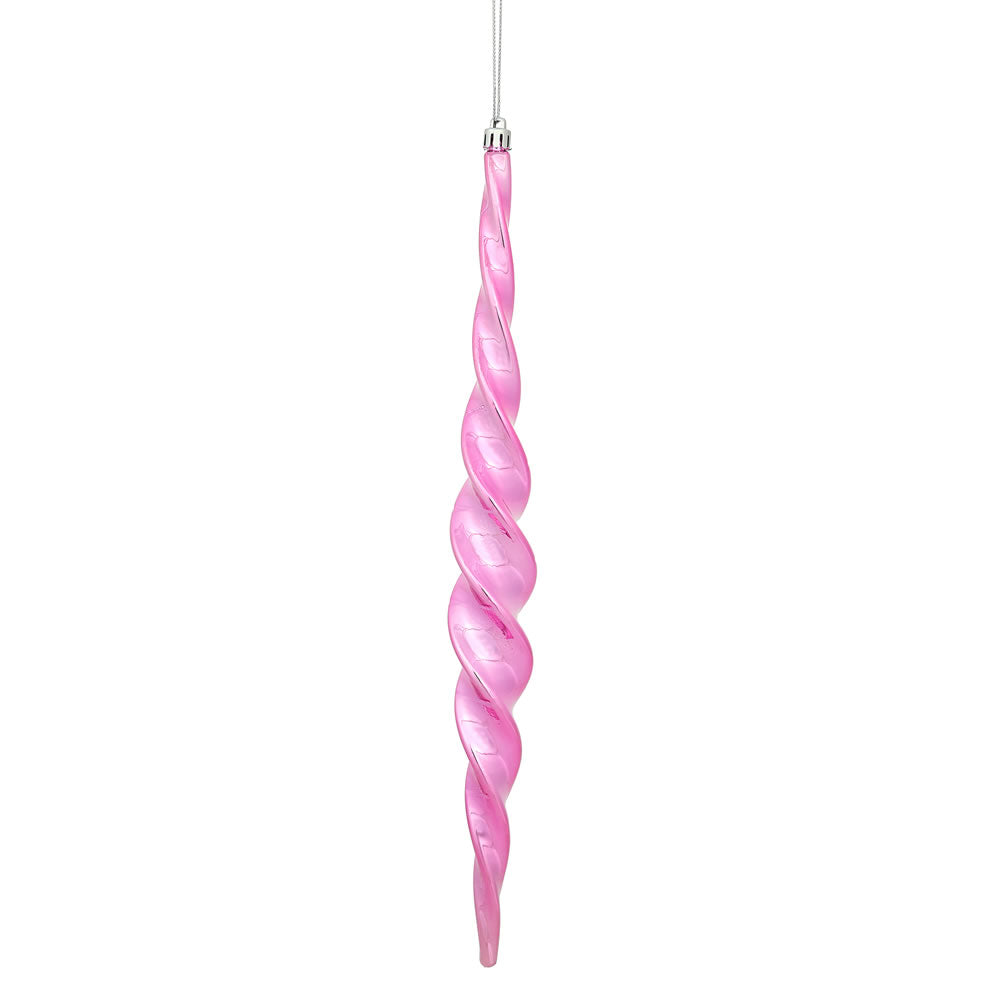 Vickerman 14.6" Pink Shiny Spiral Icicle Ornament with drilled and wired caps. Comes 2 per Box.