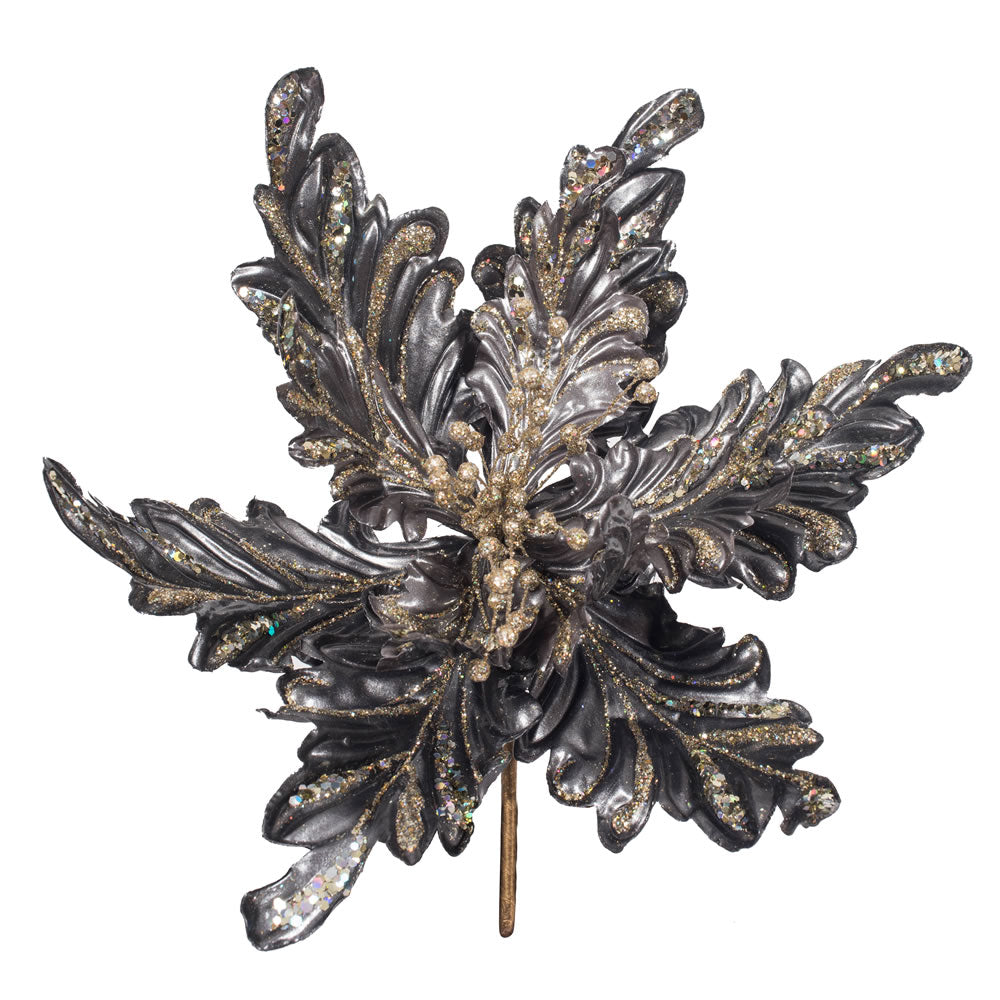 Vickerman 17" Pewter Pearl Glitter Poinsettia Artificial Christmas Stem 3 per Bag