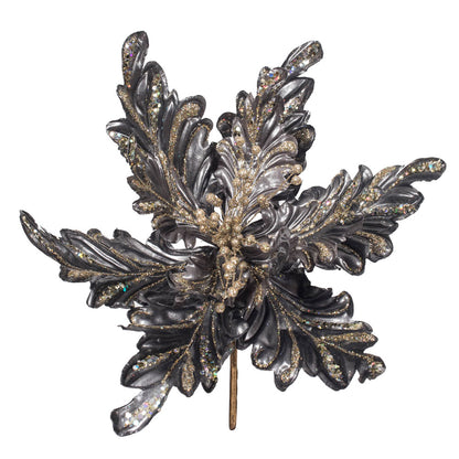 Vickerman 17" Pewter Pearl Glitter Poinsettia Artificial Christmas Stem 3 per Bag