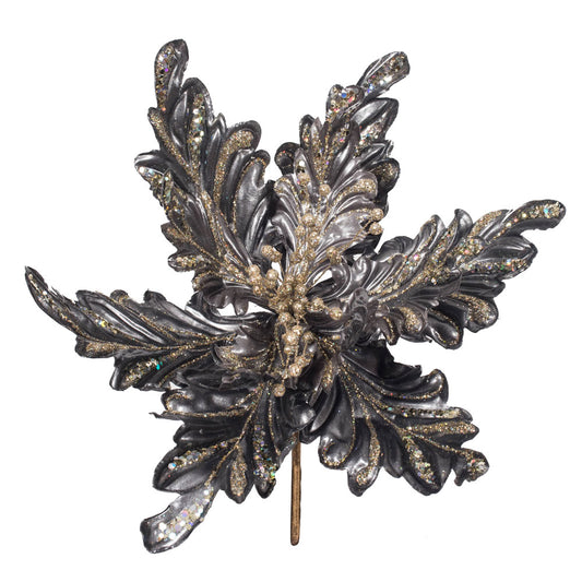 Vickerman 17" Pewter Pearl Glitter Poinsettia Artificial Christmas Stem 3 per Bag