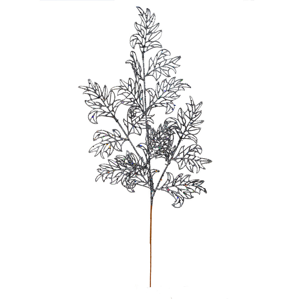 Vickerman 22" Gunmetal Glitter Lace Holly Leaf Artificial Christmas Spray. Includes 12 sprays per pack.