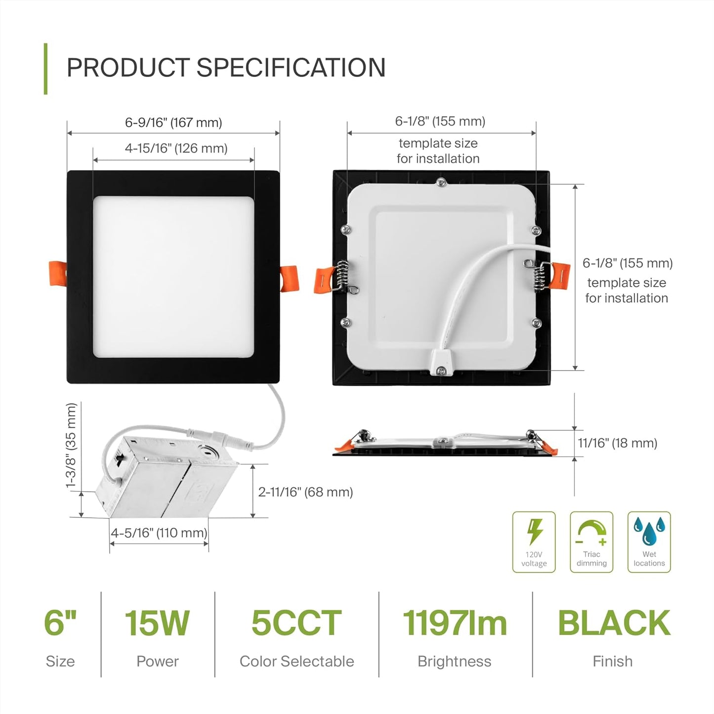 ASD Lighting LED Recessed Mini Panel Square 6inch 15W 120V Triac 2700/3000/3500/4000/5000K Black UL Energy Star 6 pack