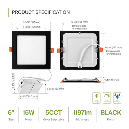 ASD Lighting LED Recessed Mini Panel Square 6inch 15W 120V Triac 2700/3000/3500/4000/5000K Black UL Energy Star 6 pack