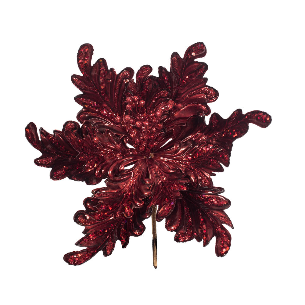 Vickerman 17" Burgundy Pearl Glitter Poinsettia Artificial Christmas Stem 3 per Bag