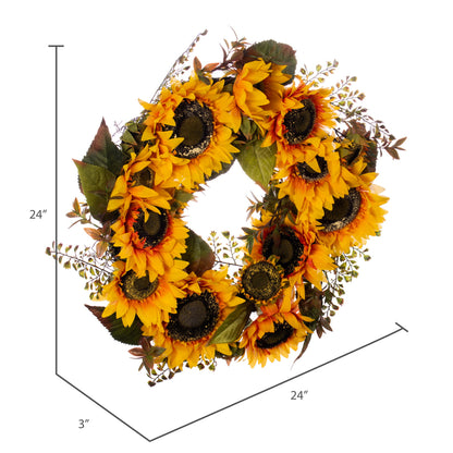 Vickerman 24" Artificial Yellow Sunflower Wreath with Seed Grass Foliage.