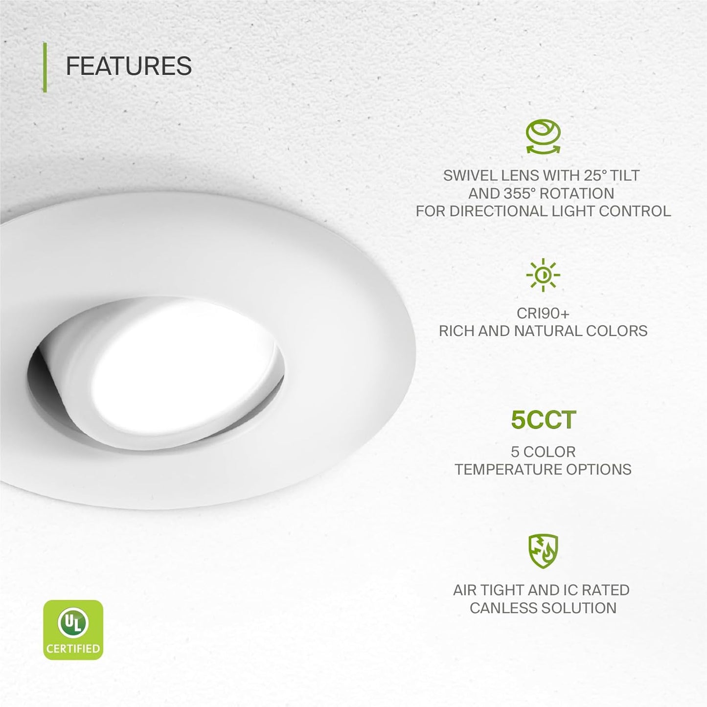 ASD Lighting LED Round Recessed Mini Panel Gimbal Airtight 3" 6W 120V Dimmable CCT Selectable 2700/3000/3500/4000/5000K White UL 6pack