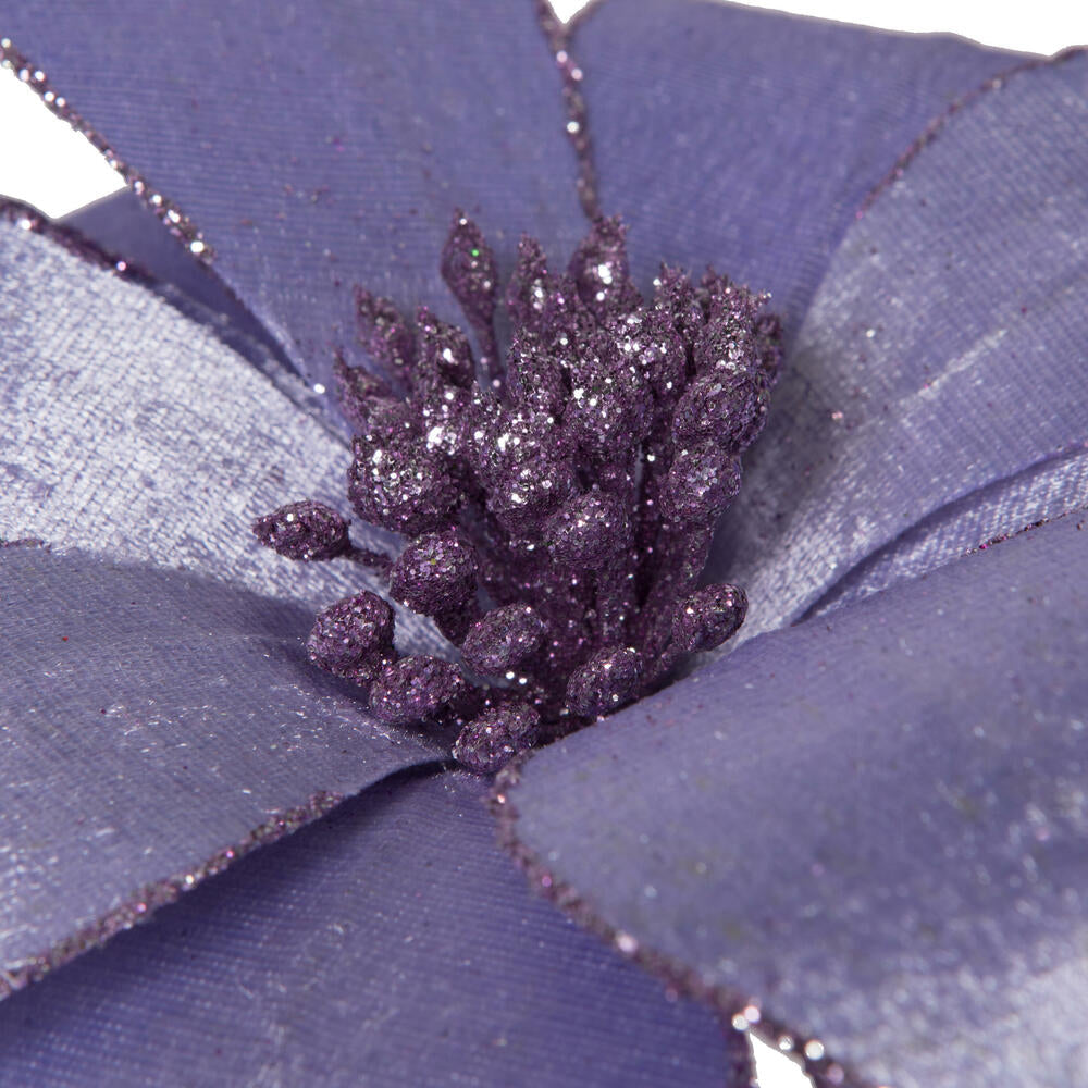 Vickerman 22" Lavender Velvet Sheen Glitter Trim Poinsettia Stem 4 per bag.