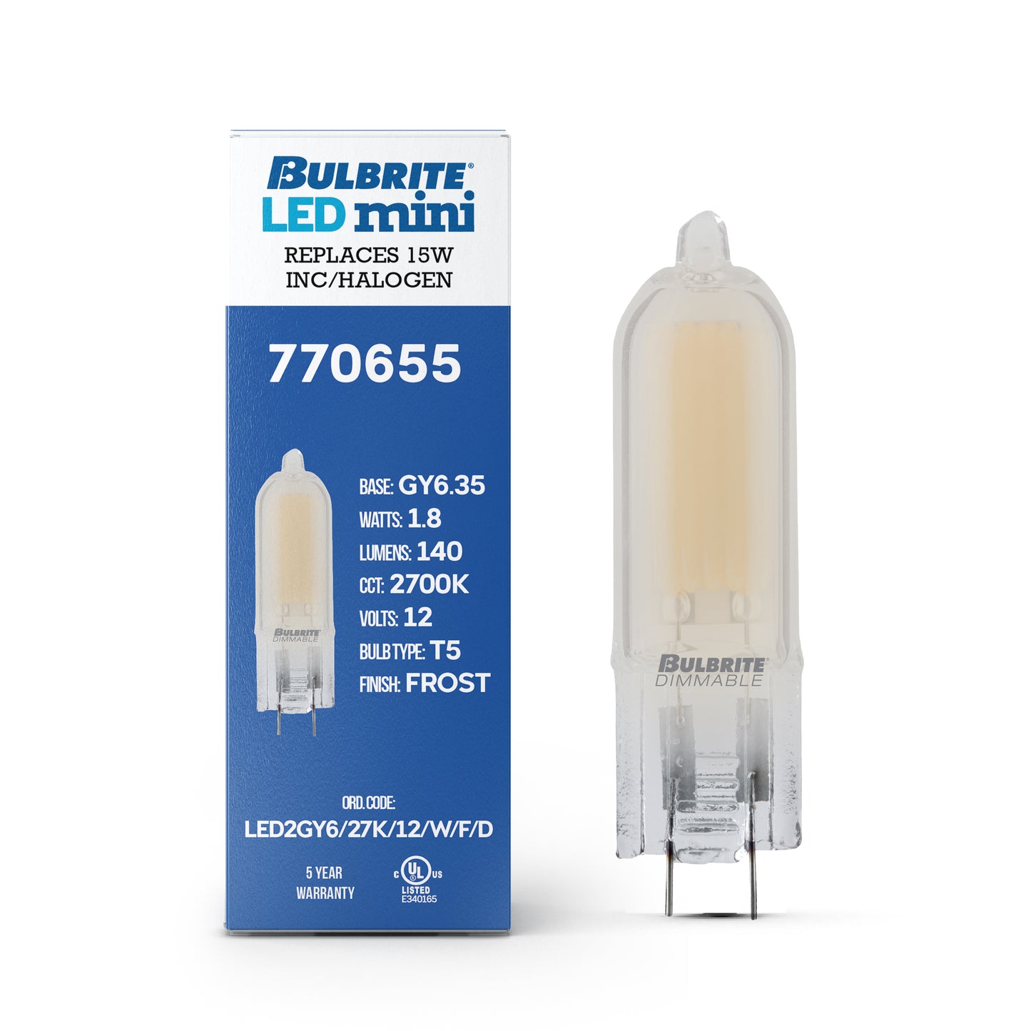 Bulbrite 862043 LED Filament Pack of (4) 1.8 Watt Dimmable T5 Light Bulb with Frost Glass Finish and (GY6.35) Base - 2700K (Warm White Light), 140 Lumens