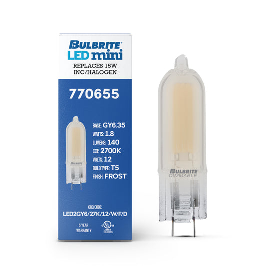 Bulbrite 862043 LED Filament Pack of (4) 1.8 Watt Dimmable T5 Light Bulb with Frost Glass Finish and (GY6.35) Base - 2700K (Warm White Light), 140 Lumens