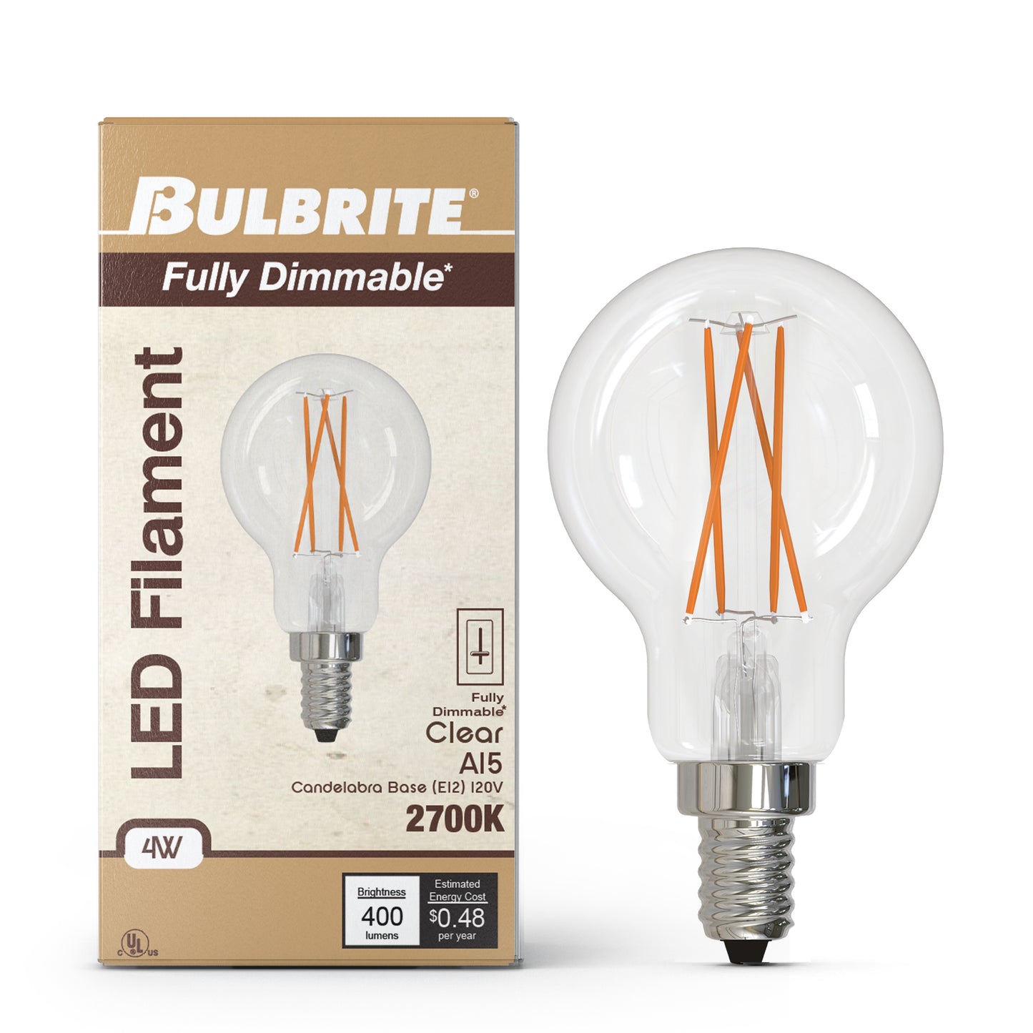 Bulbrite 776826 4W LED A15 3000K FILAMENT E12 FULLY COMPATIBLE DIMMING