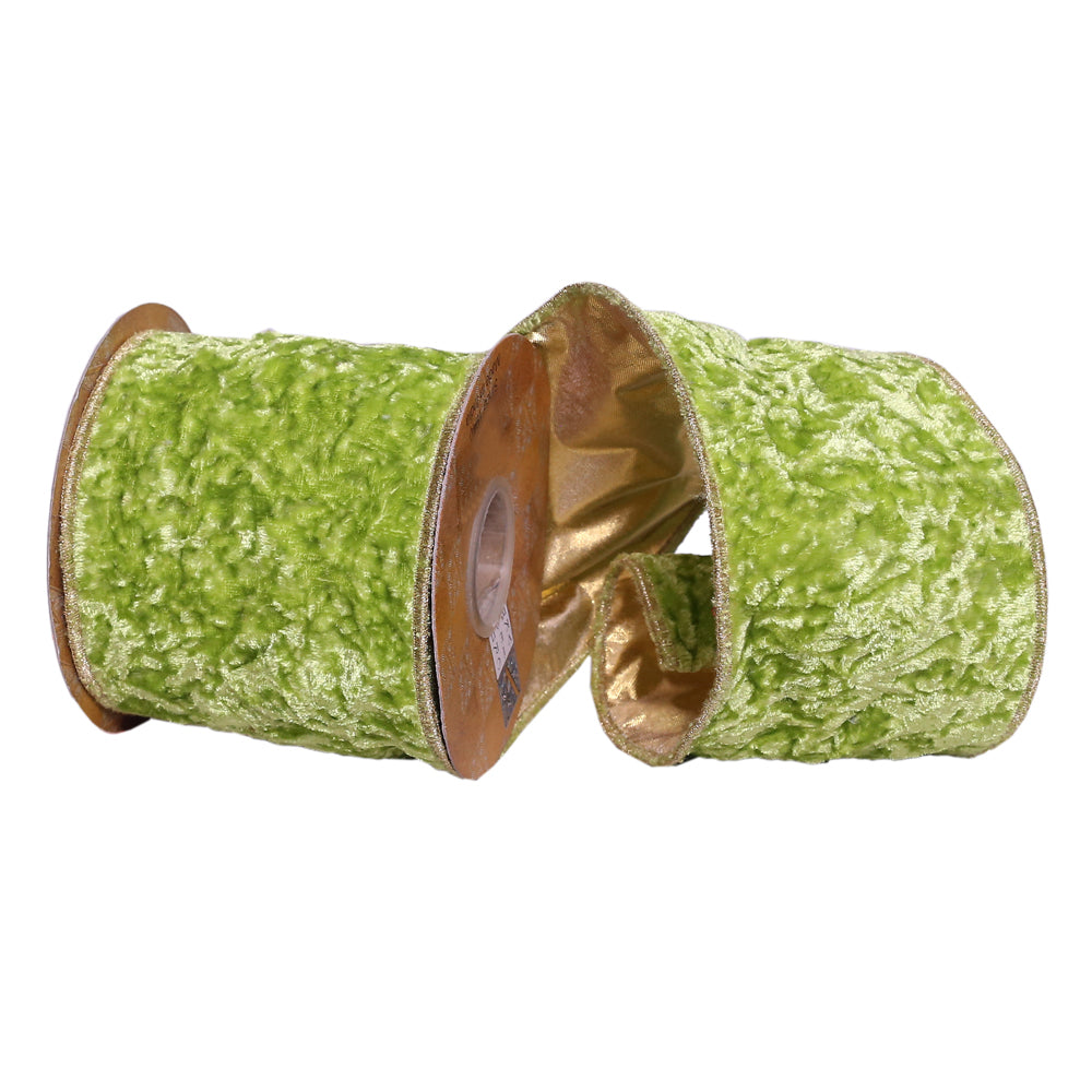 Vickerman 4" x 5 Yards Bright Green Crushed Velvet Wired Edge Christmas Ribbon.