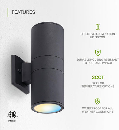 ASD Lighting LED Outdoor Wall Cylinder Round Up and Down 18W 120V Triac 3000/4000/5000K Black ETL