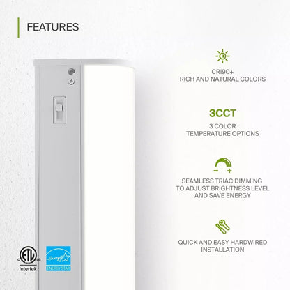 ASD Lighting LED Under Cabinet Bullnose 32" 16W 120V Dimmable CCT Selectable 3000/4000/5000K Hardwired, On/Off Switch, White ETL Energy Star