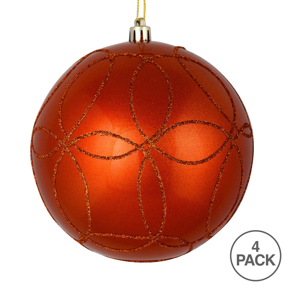 Vickerman 4" Burnished Orange Candy Finish Ornament with Circle Glitter Pattern 4 per Bag