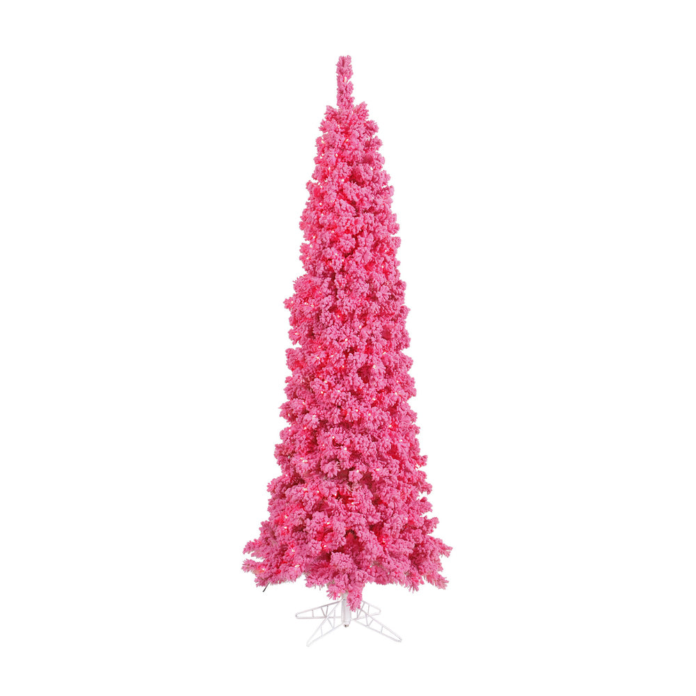 Vickerman 7.5' Flocked Pink Slim Fir Artificial Christmas Tree Pink Dura-lit LED Lights