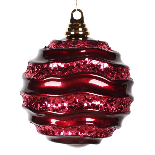 Vickerman 8" Burgundy Stripe Candy Finish Wave Ball Christmas Ornament with Glitter Accents