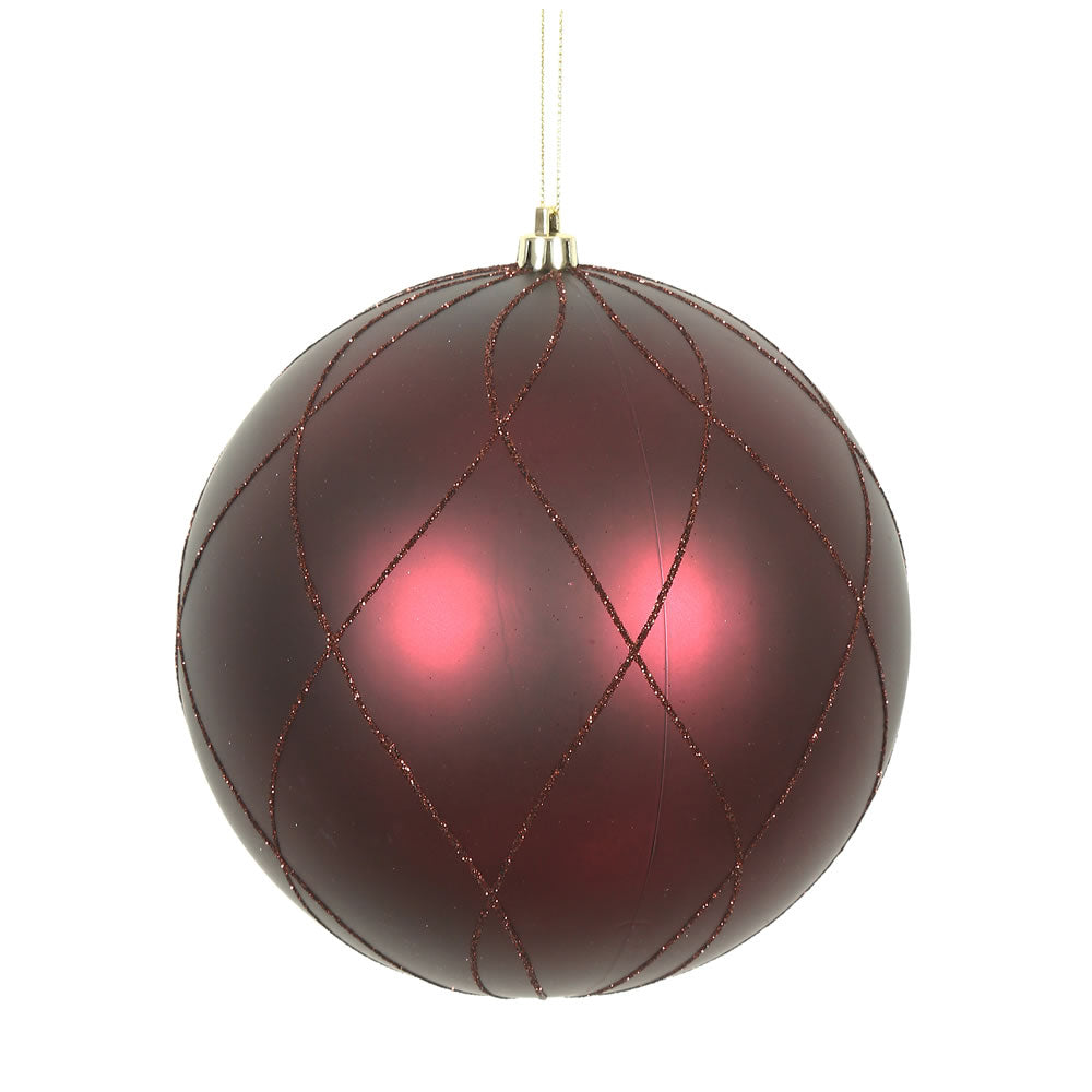 Vickerman 6" Wine Matte and Glitter Swirl Ball Ornament with drilled and wired caps. Comes 3 per Box.