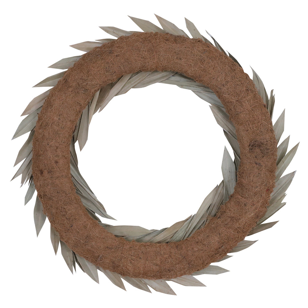 Vickerman Natural Botanicals 24" Natural Palm Sun Wreath. This wreath measures 24 inches in diameter. It features natural palm sun leaves on a coco fiber base. This is a dried and preserved natural product.