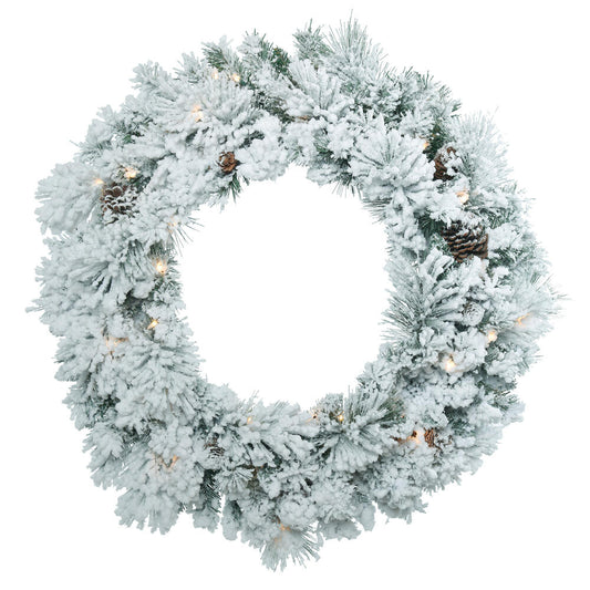 Vickerman 30" Flocked Ashton Pine Artificial Christmas Wreath Clear Dura-lit Incandescent Mini Lights