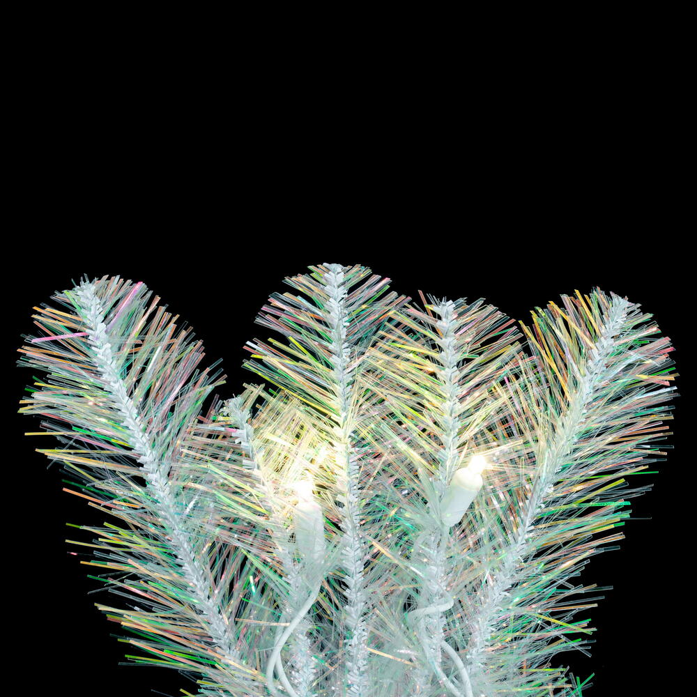 Vickerman 9' x 14" White Iridescent Artificial Pre-Lit Garland with 100 Pure White LED 5MM Lights. It measures 108 inches long and 14 inches wide. This garland boasts 280 PVC tips for a realistic look. Pre-lit with 100 Pure White 5MM, or Wide Angle, Singl
