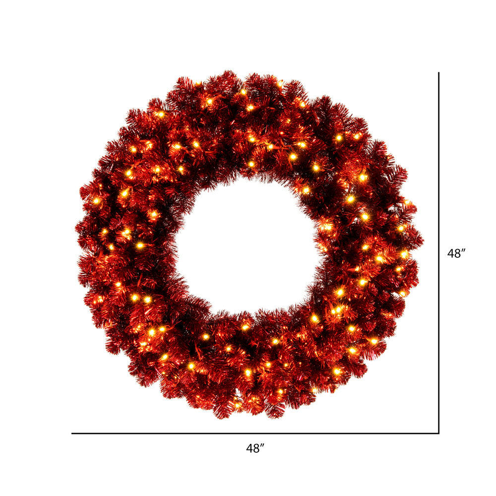 Vickerman 48" Artificial Deluxe Red Tinsel Christmas Wreath Warm White Single Mold Wide Angle Mini Lights