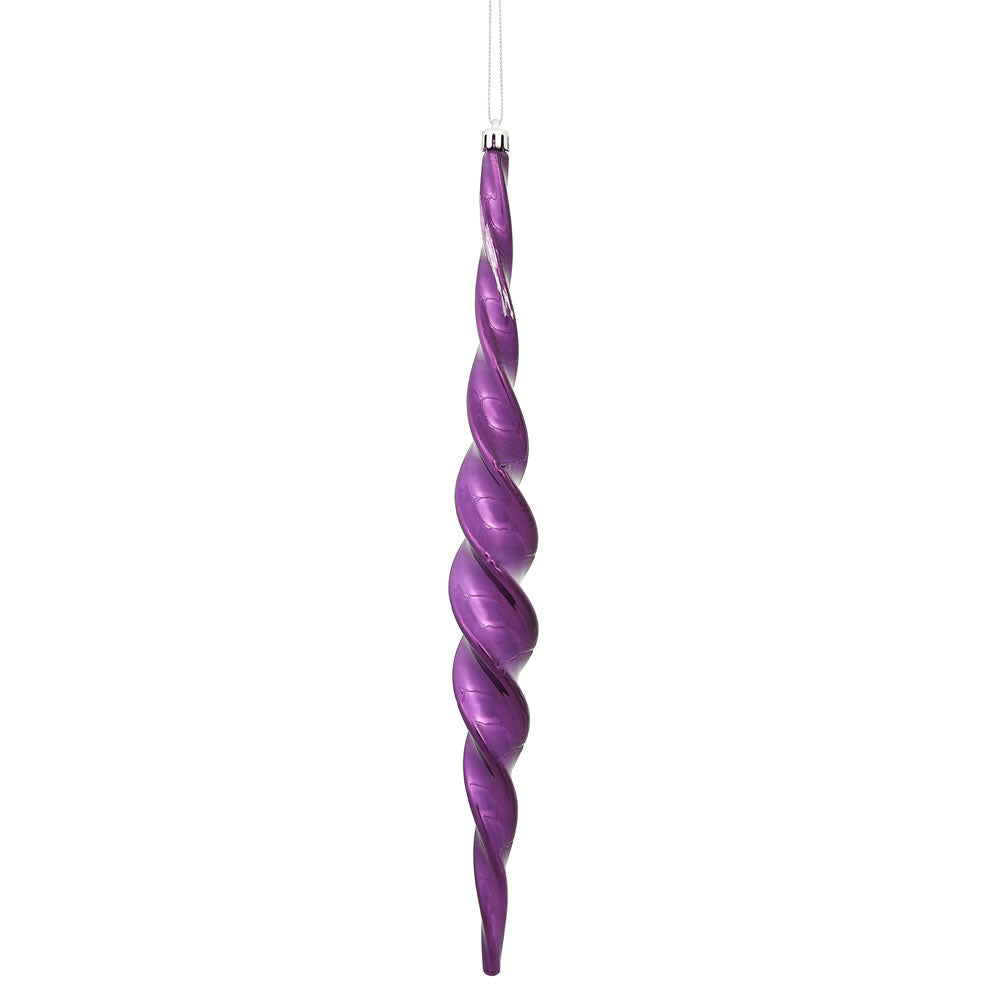 Vickerman 14.6" Plum Shiny Spiral Icicle Ornament with drilled and wired caps. Comes 2 per Box.