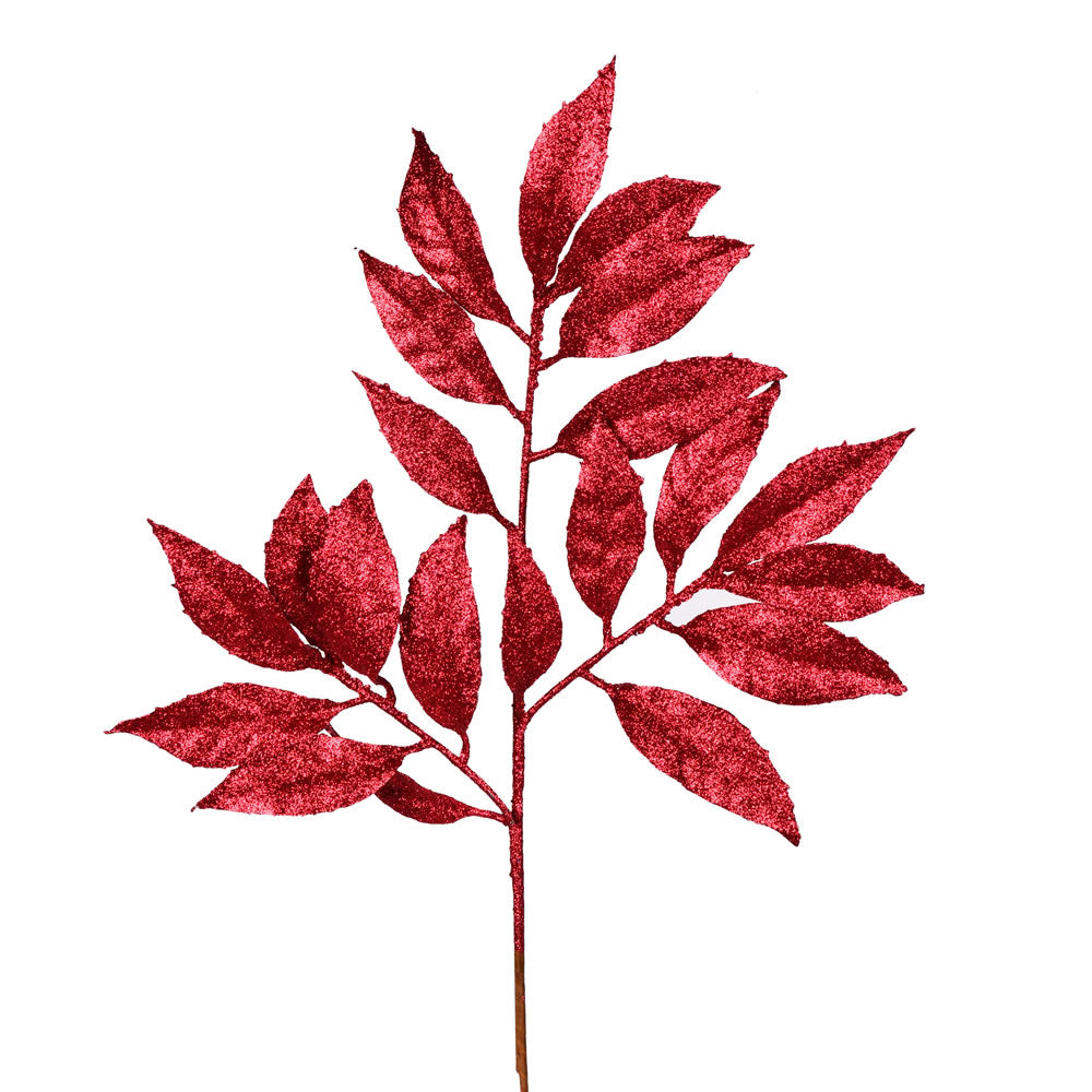 Vickerman 21" Burgundy Glitter Bay Leaf Artificial Christmas Spray. Includes 12 sprays per pack.