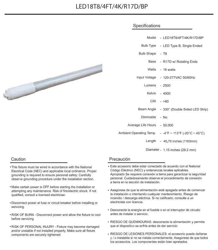 Damar- 5Ft T8 LED Tube Light Bulb Type B Bypass Single End 18W 2500 Lumens 4000K Cool White R17D Base with Rotating Ends 120-277VAC Pack of 10- Fluorescent Replacement for Garage Workshop Warehouse