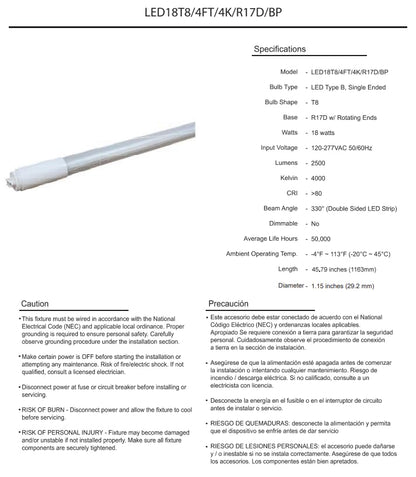 Damar- 5Ft T8 LED Tube Light Bulb Type B Bypass Single End 18W 2500 Lumens 4000K Cool White R17D Base with Rotating Ends 120-277VAC Pack of 10- Fluorescent Replacement for Garage Workshop Warehouse